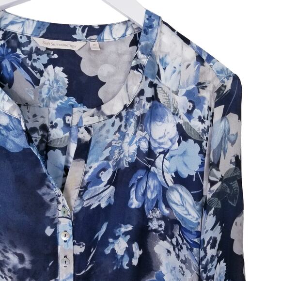 SOFT SURROUNDINGS Size 1X Blues Floral Chiffon Pullover Tunic Roll Tab Sleeves - Picture 2 of 5
